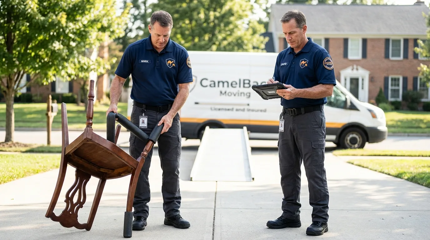 Movers inspecting furniture for damage prevention before loading in Cashmere, WA